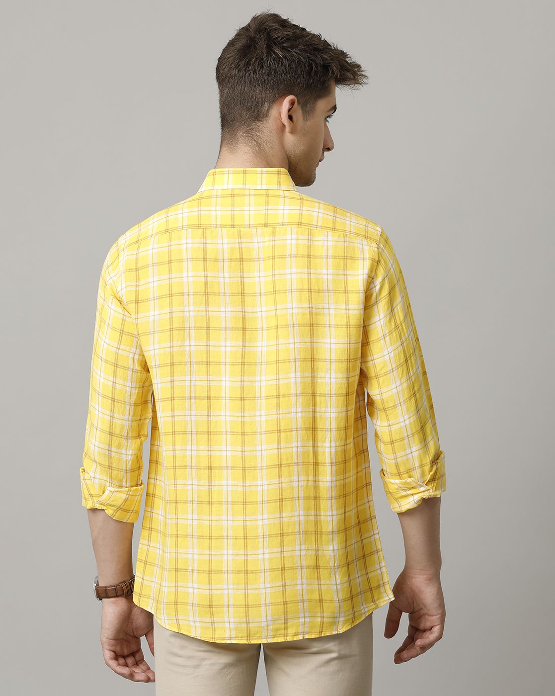 Men's Pure Linen Yellow Checked Contemporary Fit Full Sleeve Sleeve Casual Shirt