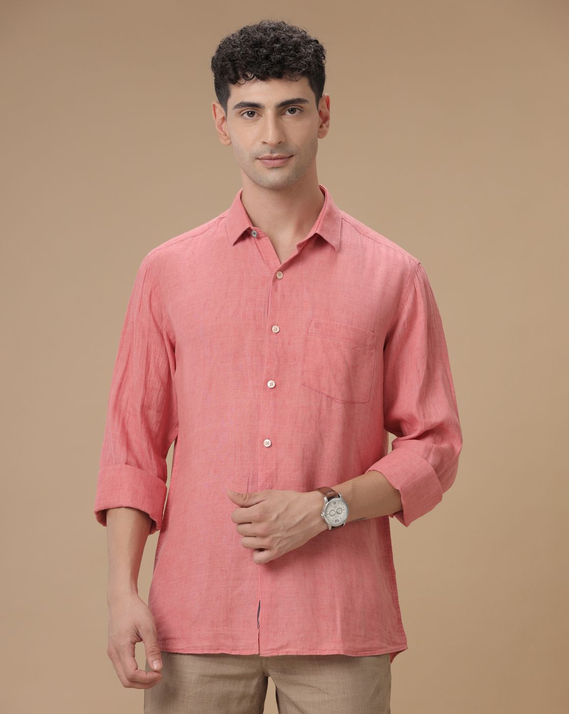 Men's Pure Linen Pink Checked Contemporary Fit Full Sleeve Casual Shirt