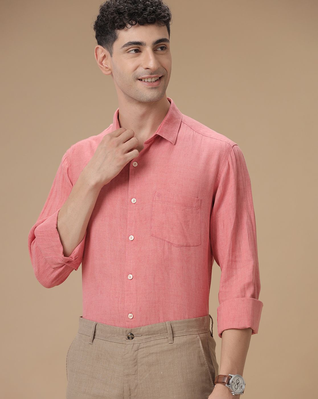 Men's Pure Linen Pink Checked Contemporary Fit Full Sleeve Casual Shirt