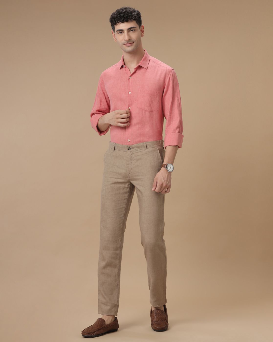 Men's Pure Linen Pink Checked Contemporary Fit Full Sleeve Casual Shirt