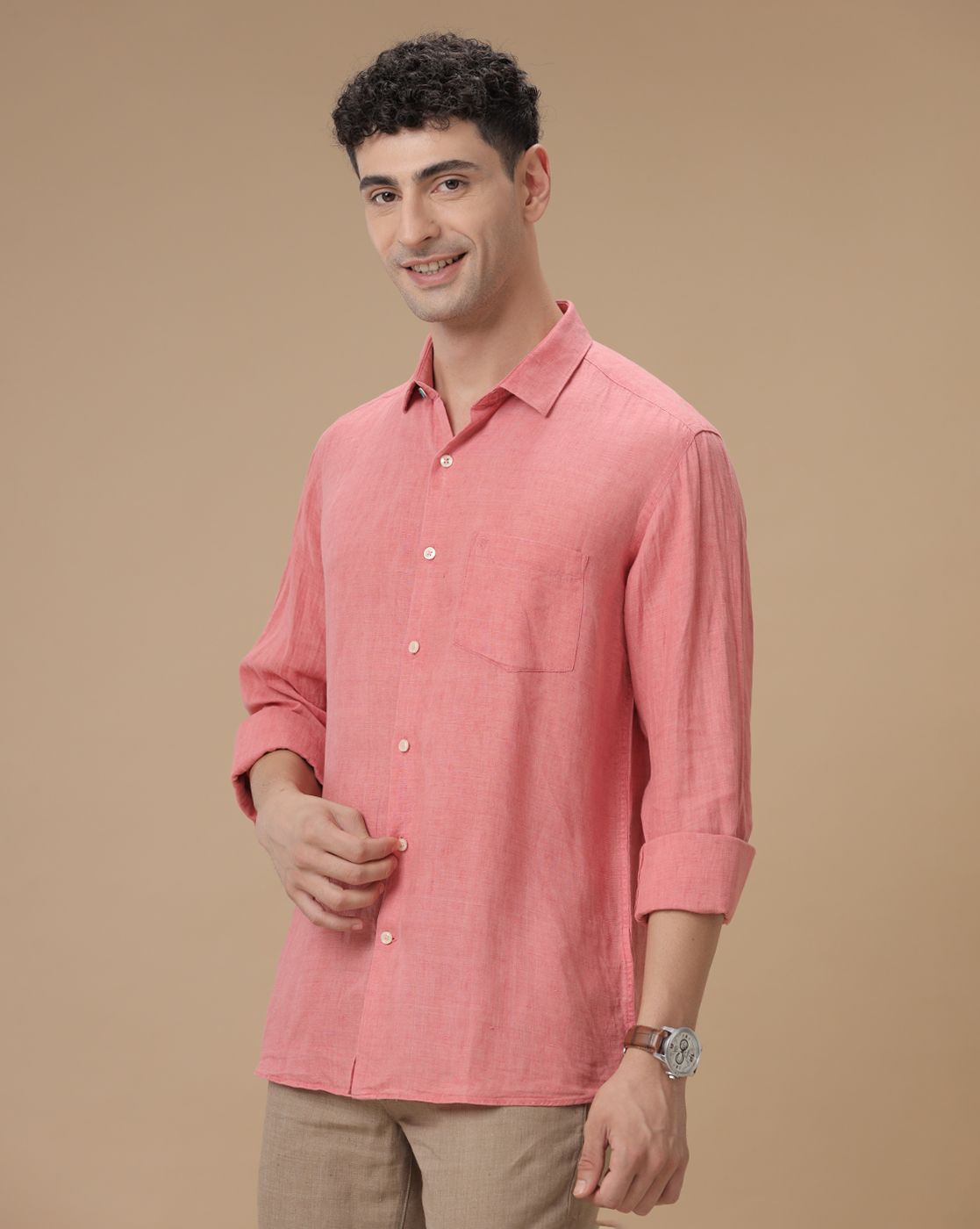 Men's Pure Linen Pink Checked Contemporary Fit Full Sleeve Casual Shirt