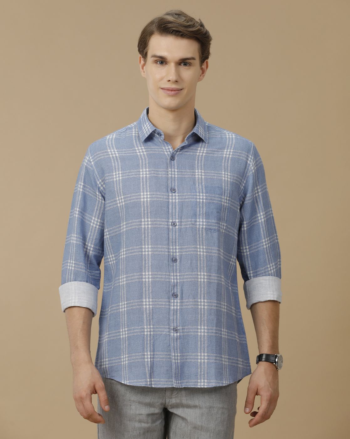 Men's Linen Rich Blue Checked Contemporary Fit Full Sleeve Casual Shirt