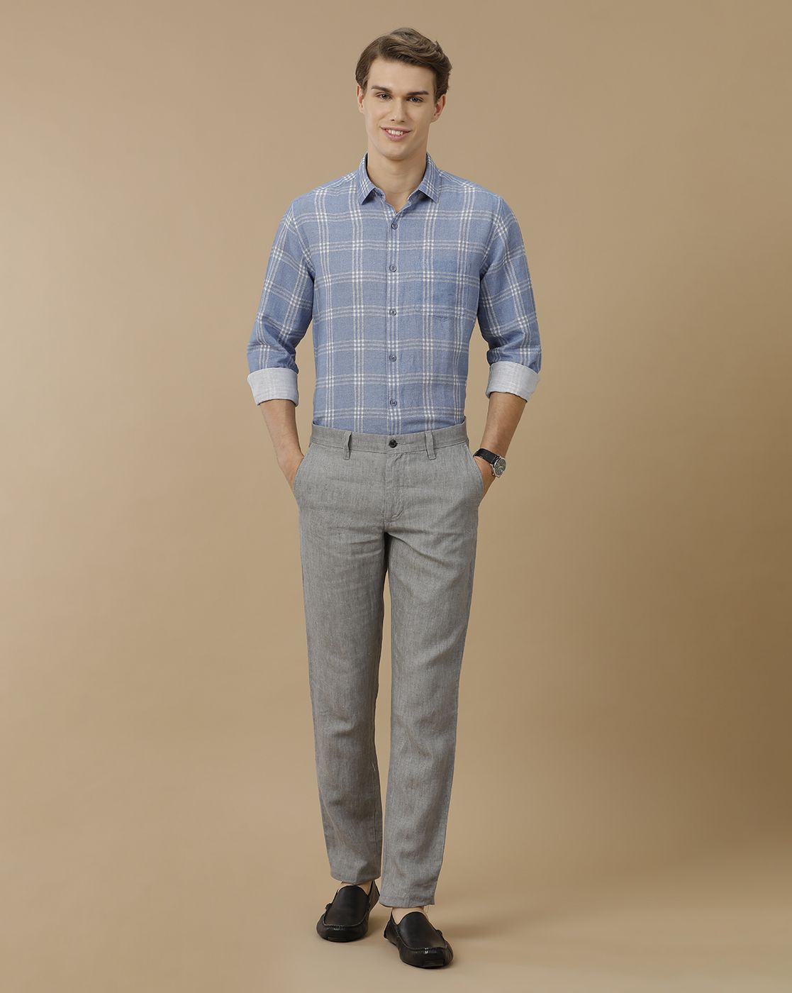 Men's Linen Rich Blue Checked Contemporary Fit Full Sleeve Casual Shirt