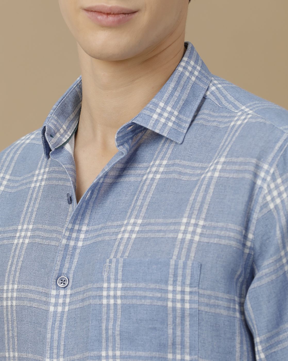 Men's Linen Rich Blue Checked Contemporary Fit Full Sleeve Casual Shirt