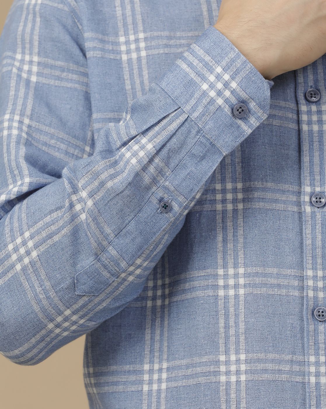 Men's Linen Rich Blue Checked Contemporary Fit Full Sleeve Casual Shirt