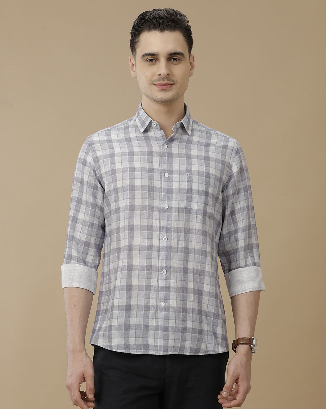 Men's Linen Rich Grey Checked Contemporary Fit Full Sleeve Casual Shirt