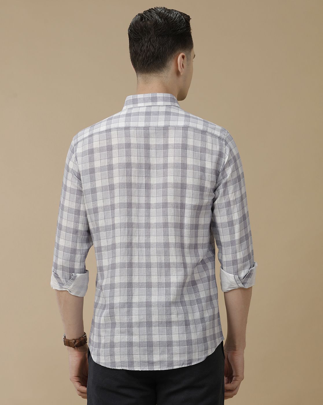 Men's Linen Rich Grey Checked Contemporary Fit Full Sleeve Casual Shirt