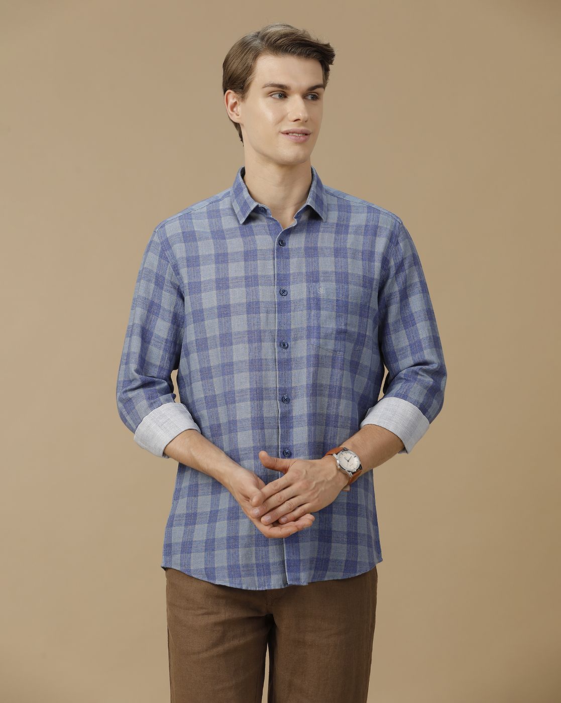 Men's Linen Rich Blue Checked Contemporary Fit Full Sleeve Casual Shirt
