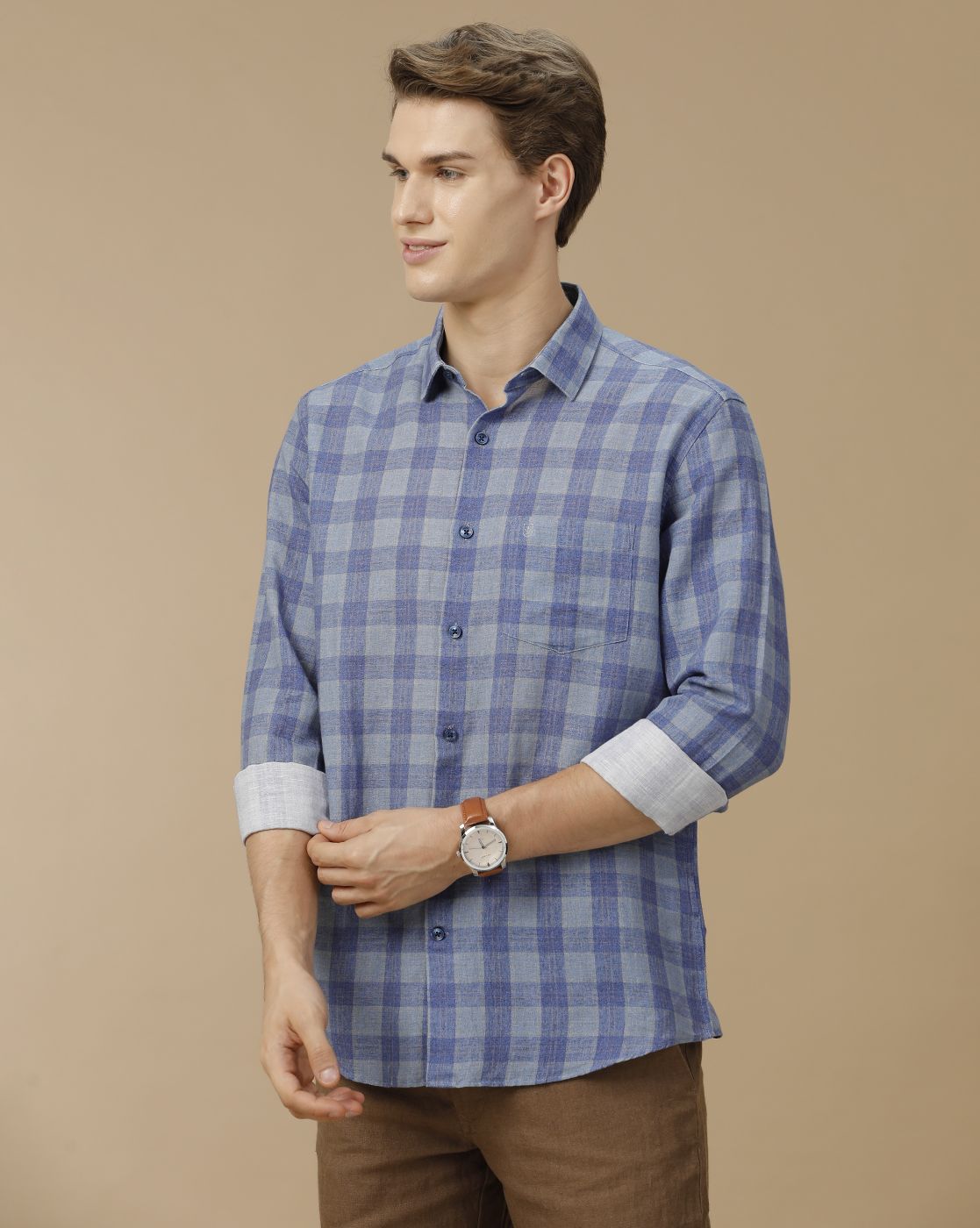 Men's Linen Rich Blue Checked Contemporary Fit Full Sleeve Casual Shirt