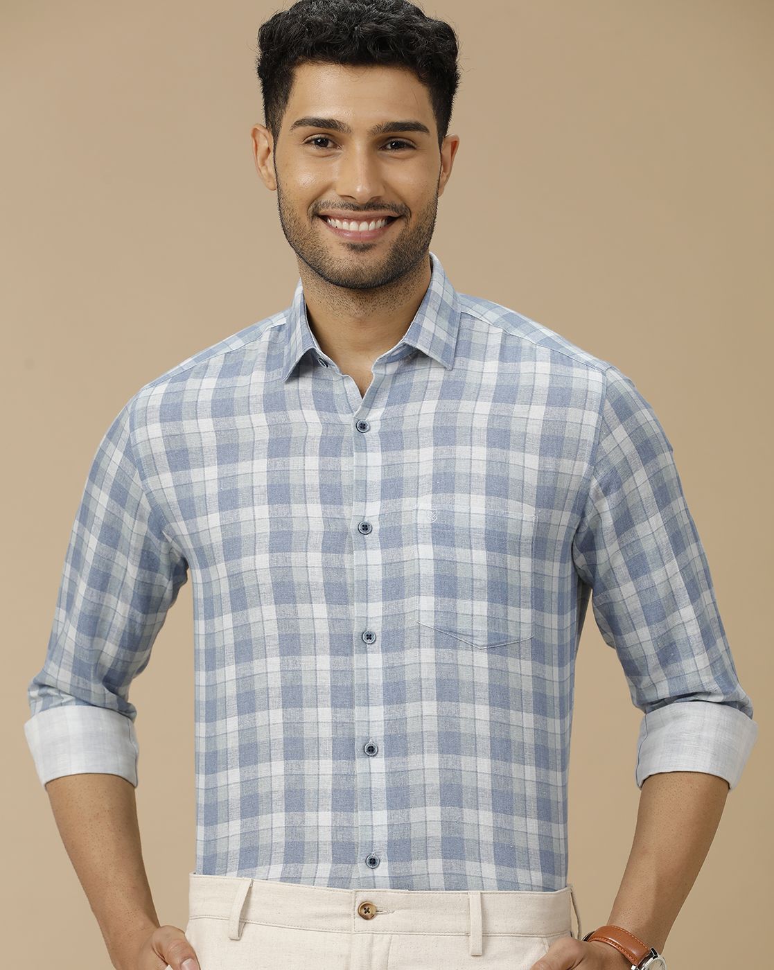 Men's Linen Rich Blue Checked Contemporary Fit Full Sleeve Casual Shirt