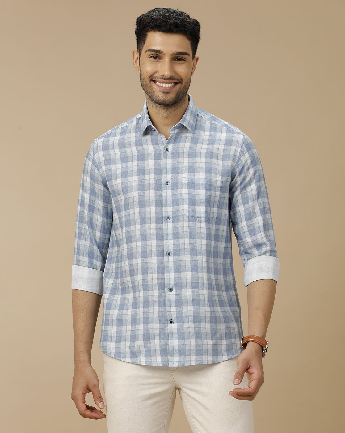 Men's Linen Rich Blue Checked Contemporary Fit Full Sleeve Casual Shirt