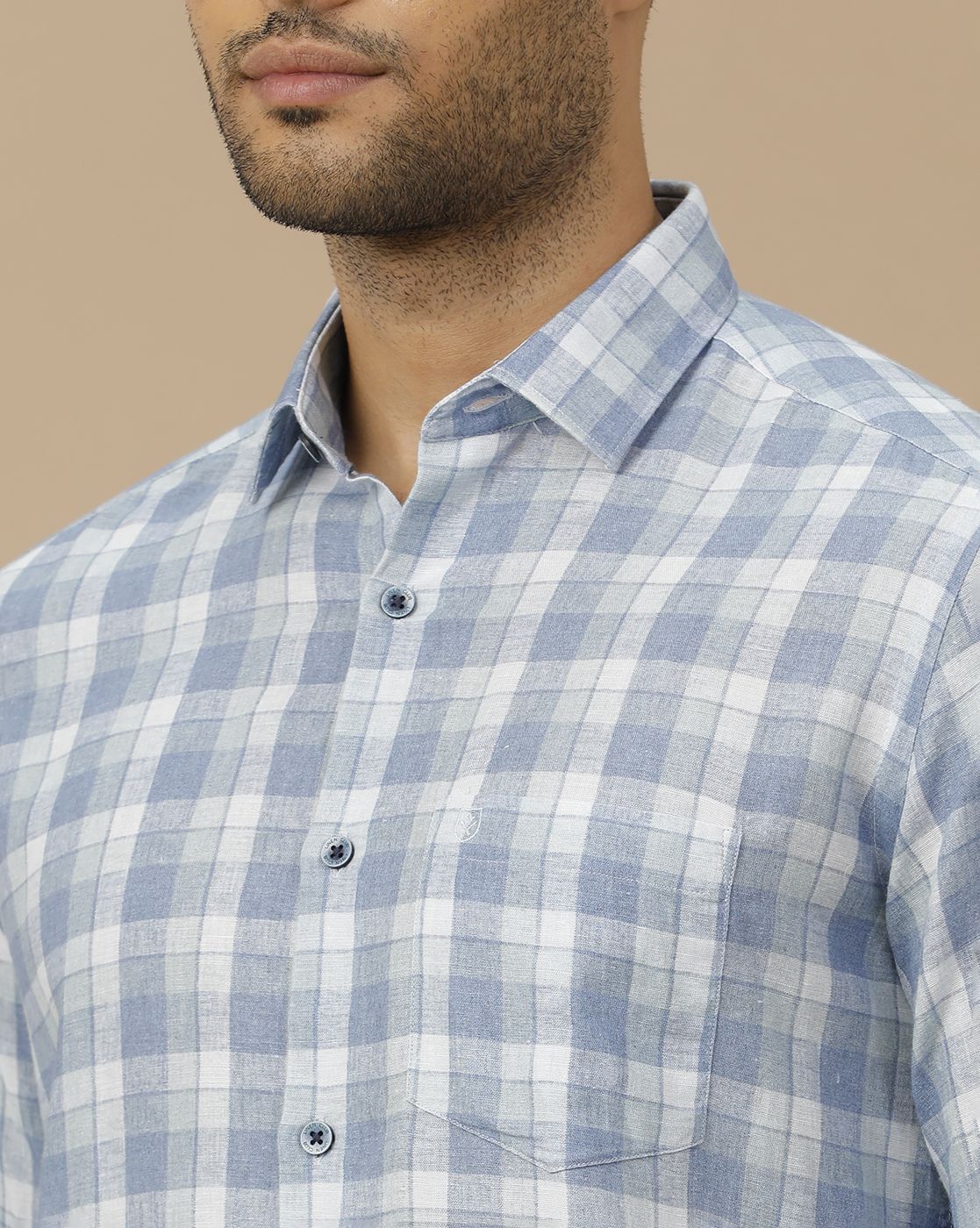 Men's Linen Rich Blue Checked Contemporary Fit Full Sleeve Casual Shirt
