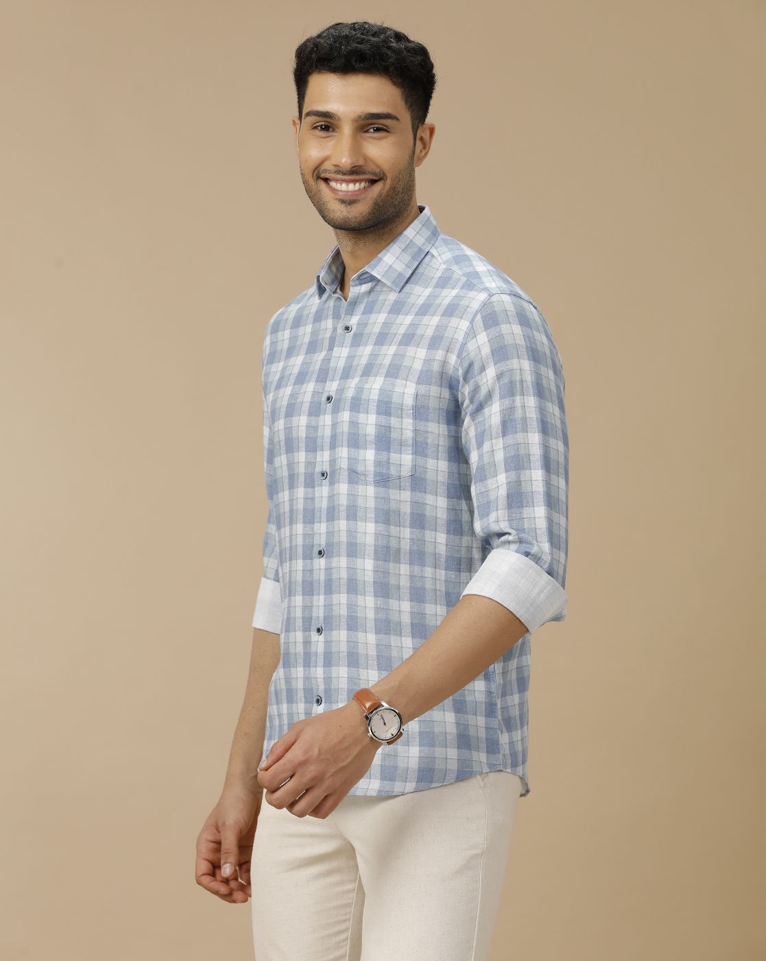 Men's Linen Rich Blue Checked Contemporary Fit Full Sleeve Casual Shirt