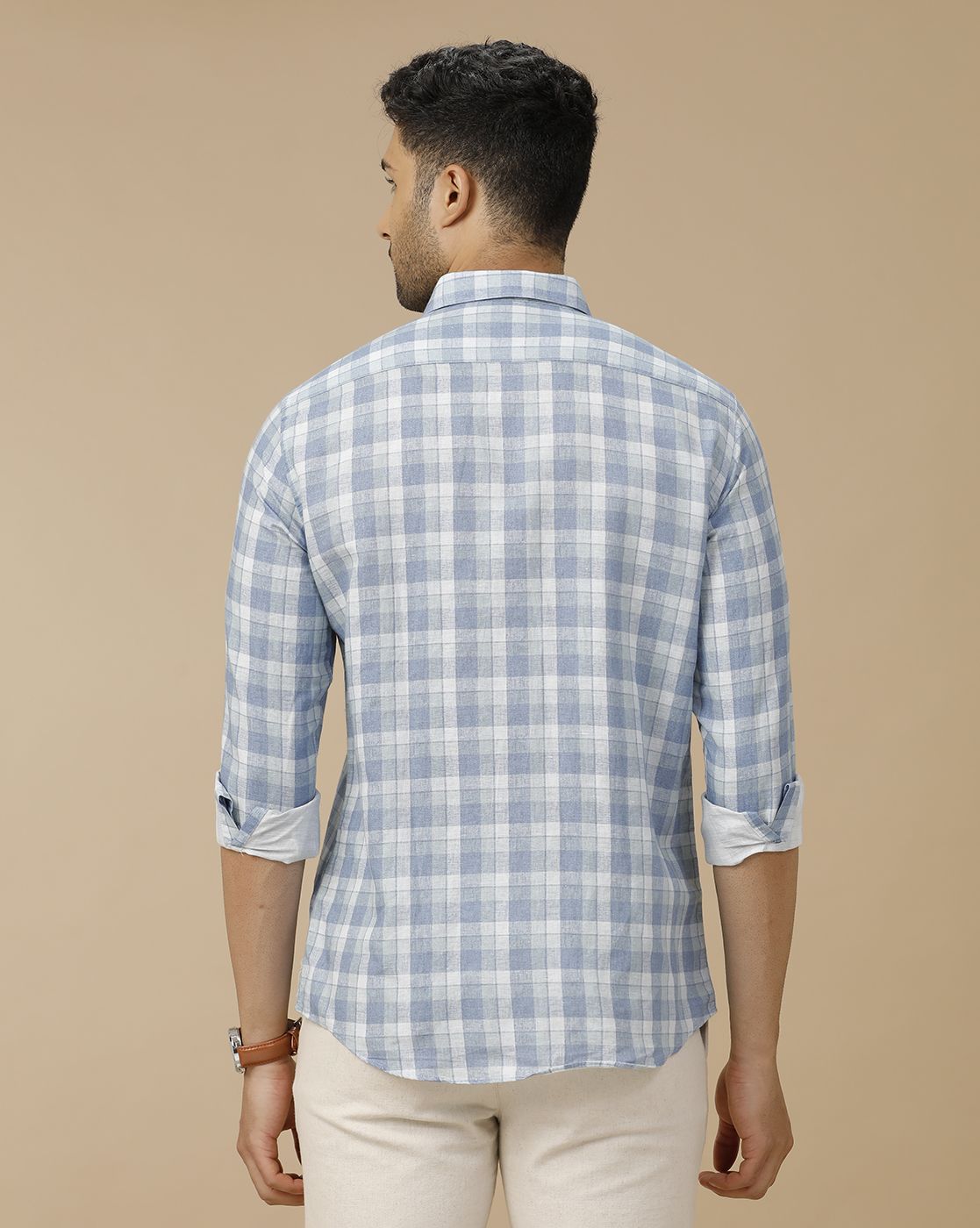 Men's Linen Rich Blue Checked Contemporary Fit Full Sleeve Casual Shirt
