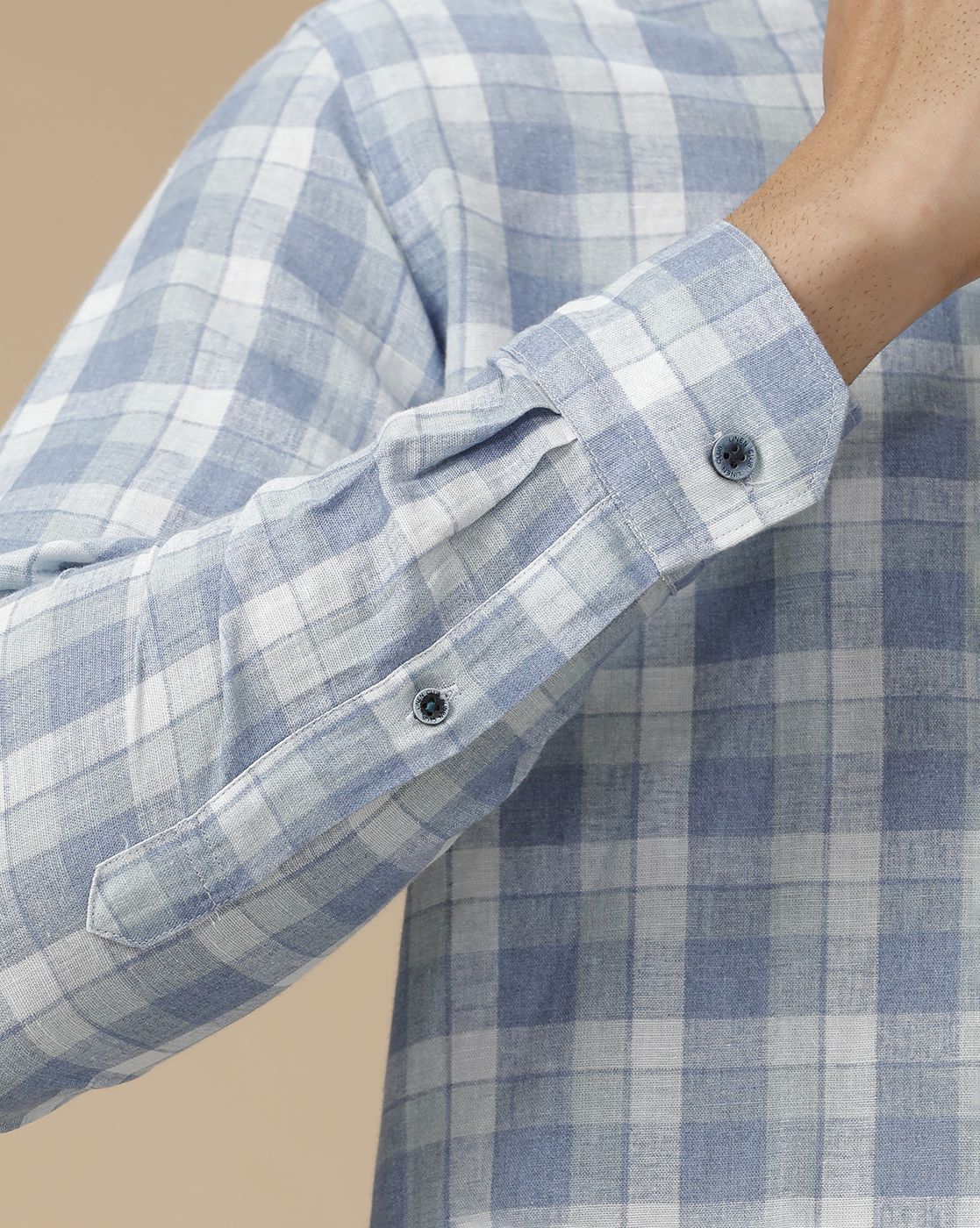 Men's Linen Rich Blue Checked Contemporary Fit Full Sleeve Casual Shirt