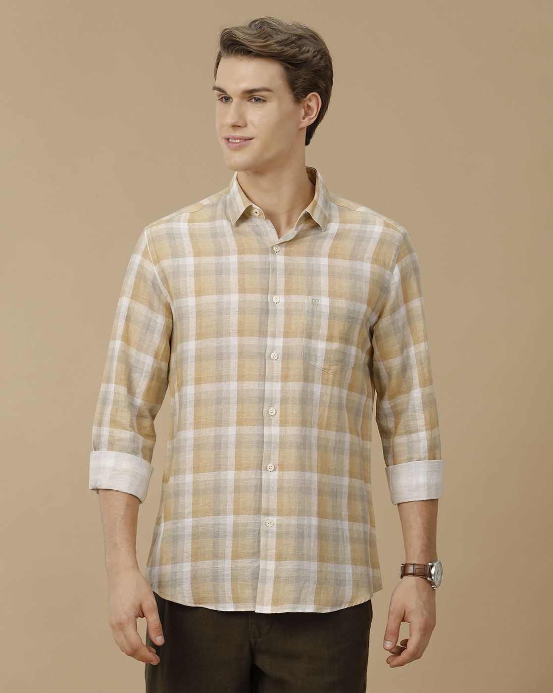 Men's Linen Rich Brown Checked Contemporary Fit Full Sleeve Casual Shirt