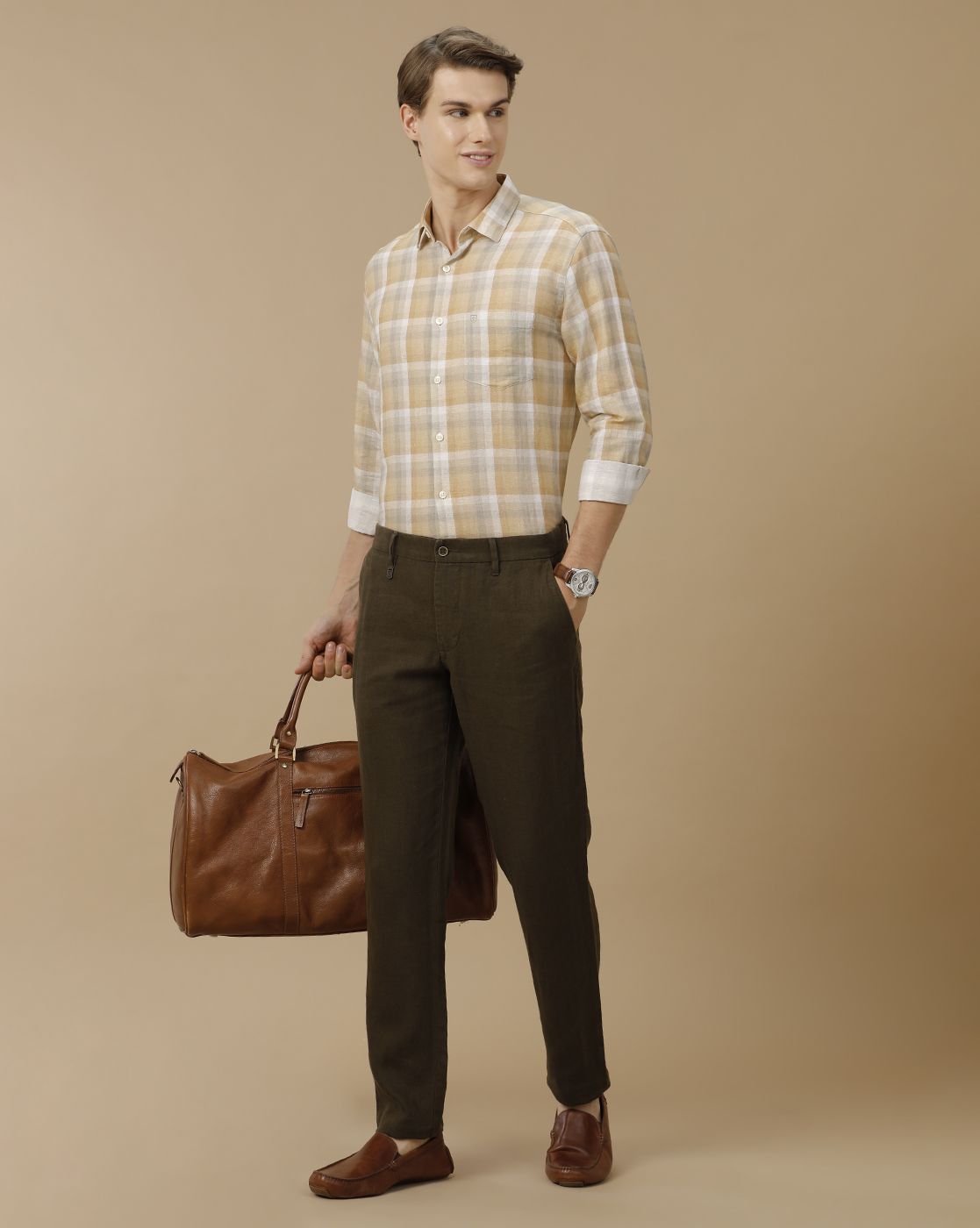 Men's Linen Rich Brown Checked Contemporary Fit Full Sleeve Casual Shirt