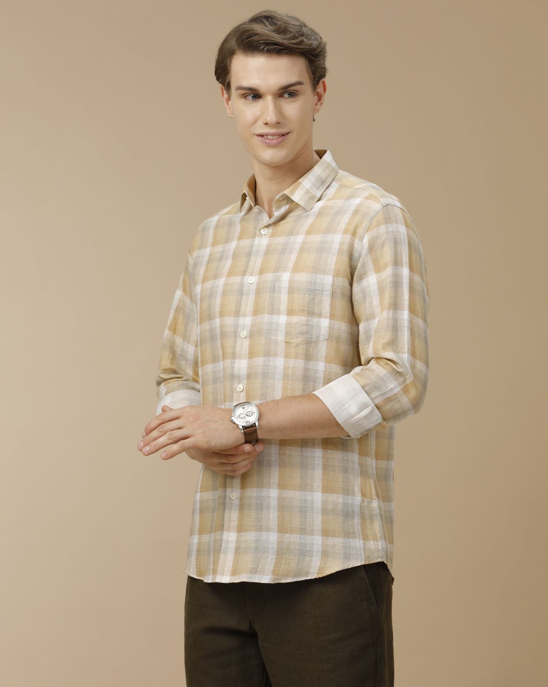 Men's Linen Rich Brown Checked Contemporary Fit Full Sleeve Casual Shirt