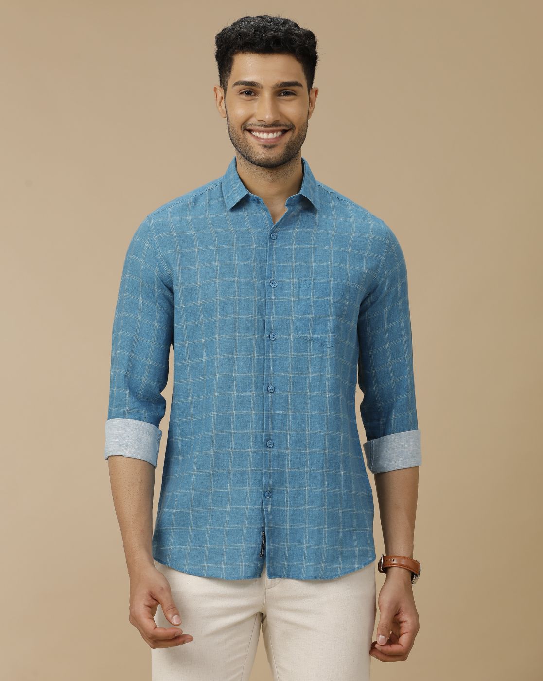 Men's Linen Rich Blue Checked Contemporary Fit Full Sleeve Casual Shirt