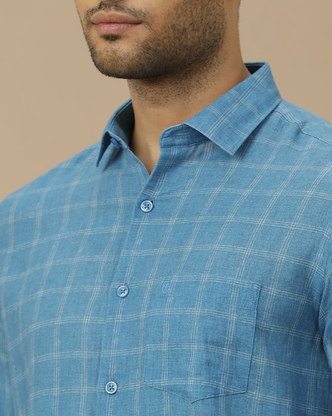 Men's Linen Rich Blue Checked Contemporary Fit Full Sleeve Casual Shirt