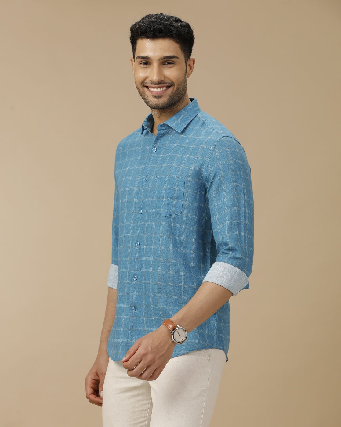 Men's Linen Rich Blue Checked Contemporary Fit Full Sleeve Casual Shirt