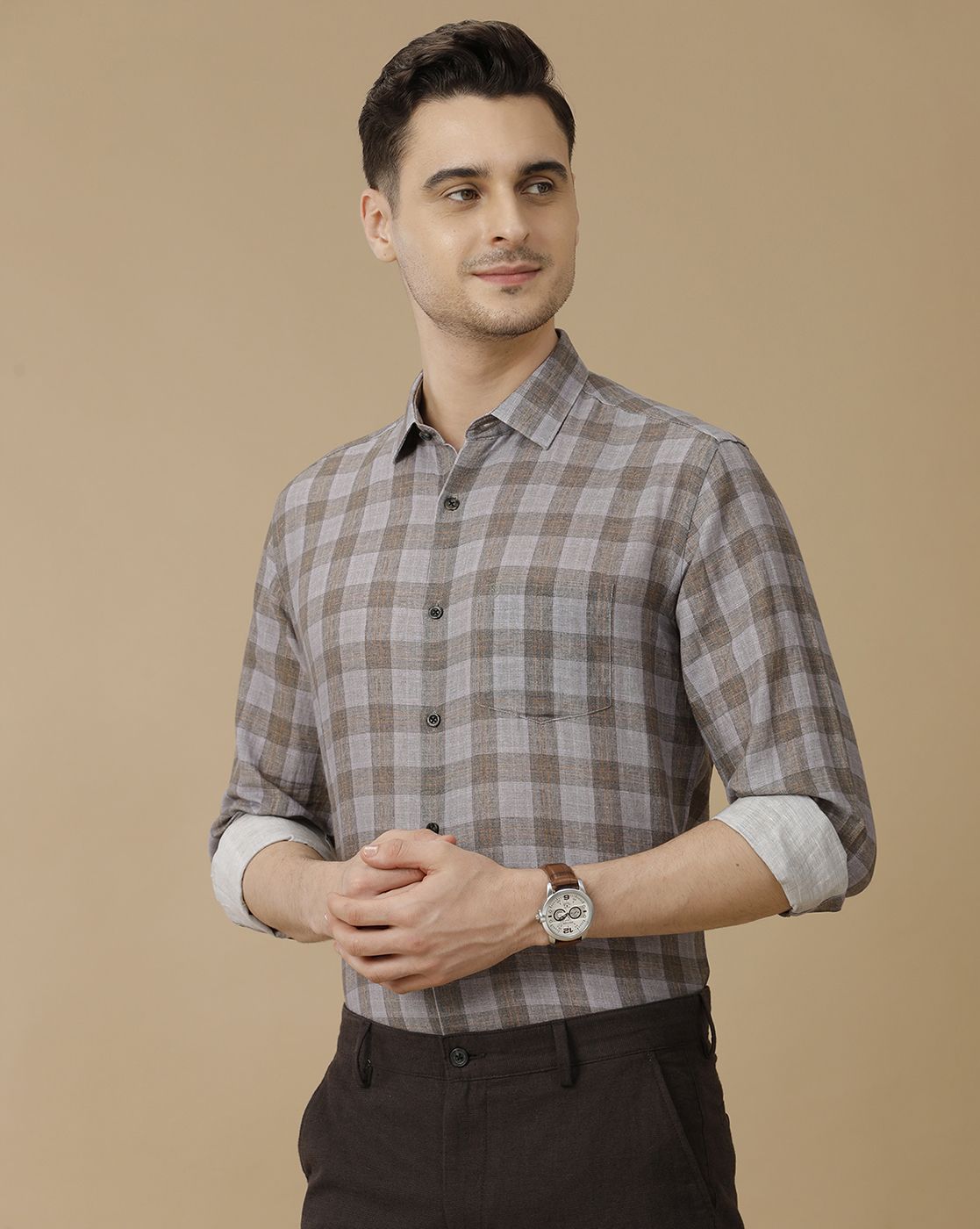 Men's Linen Rich Blue Checked Contemporary Fit Full Sleeve Casual Shirt