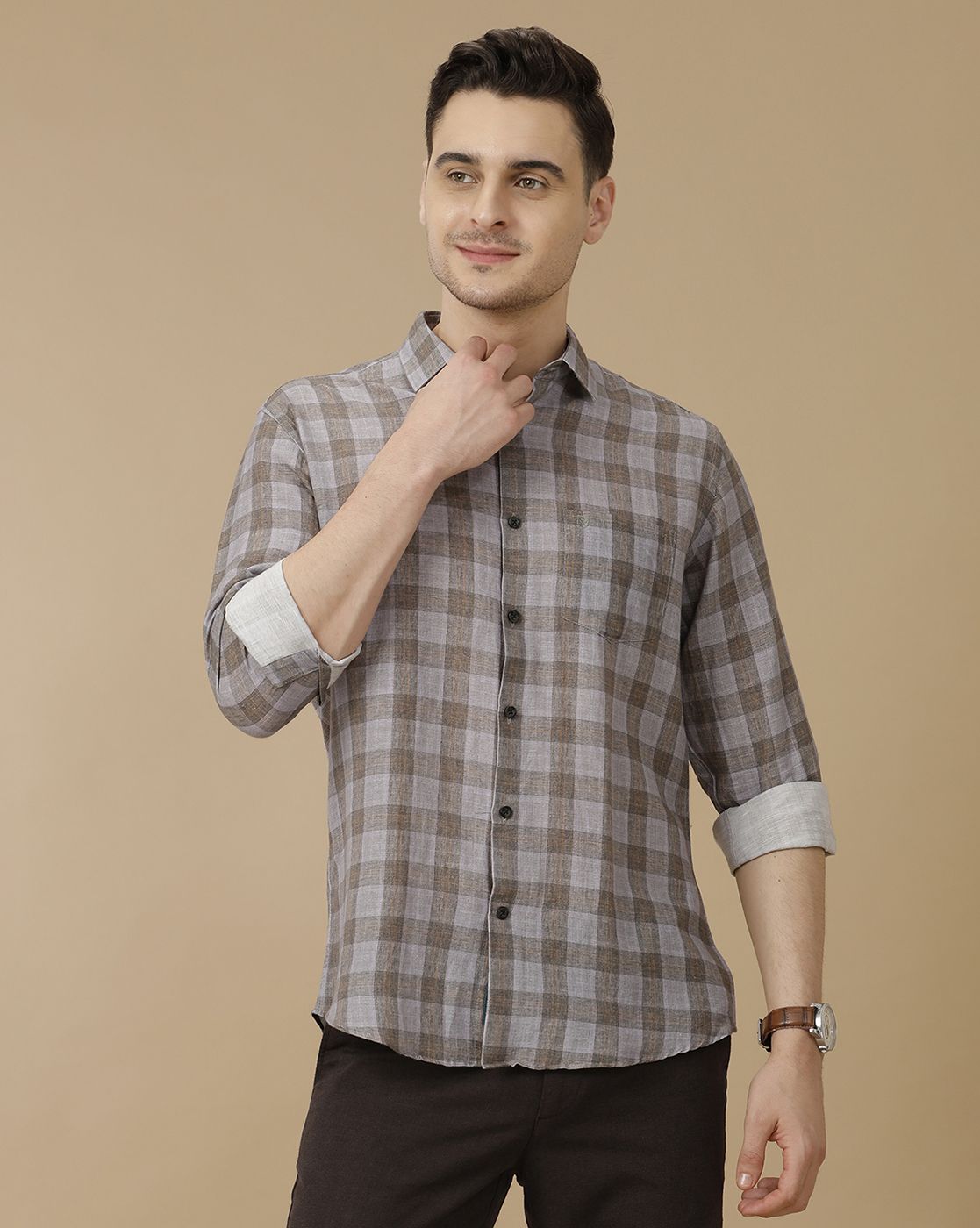 Men's Linen Rich Blue Checked Contemporary Fit Full Sleeve Casual Shirt