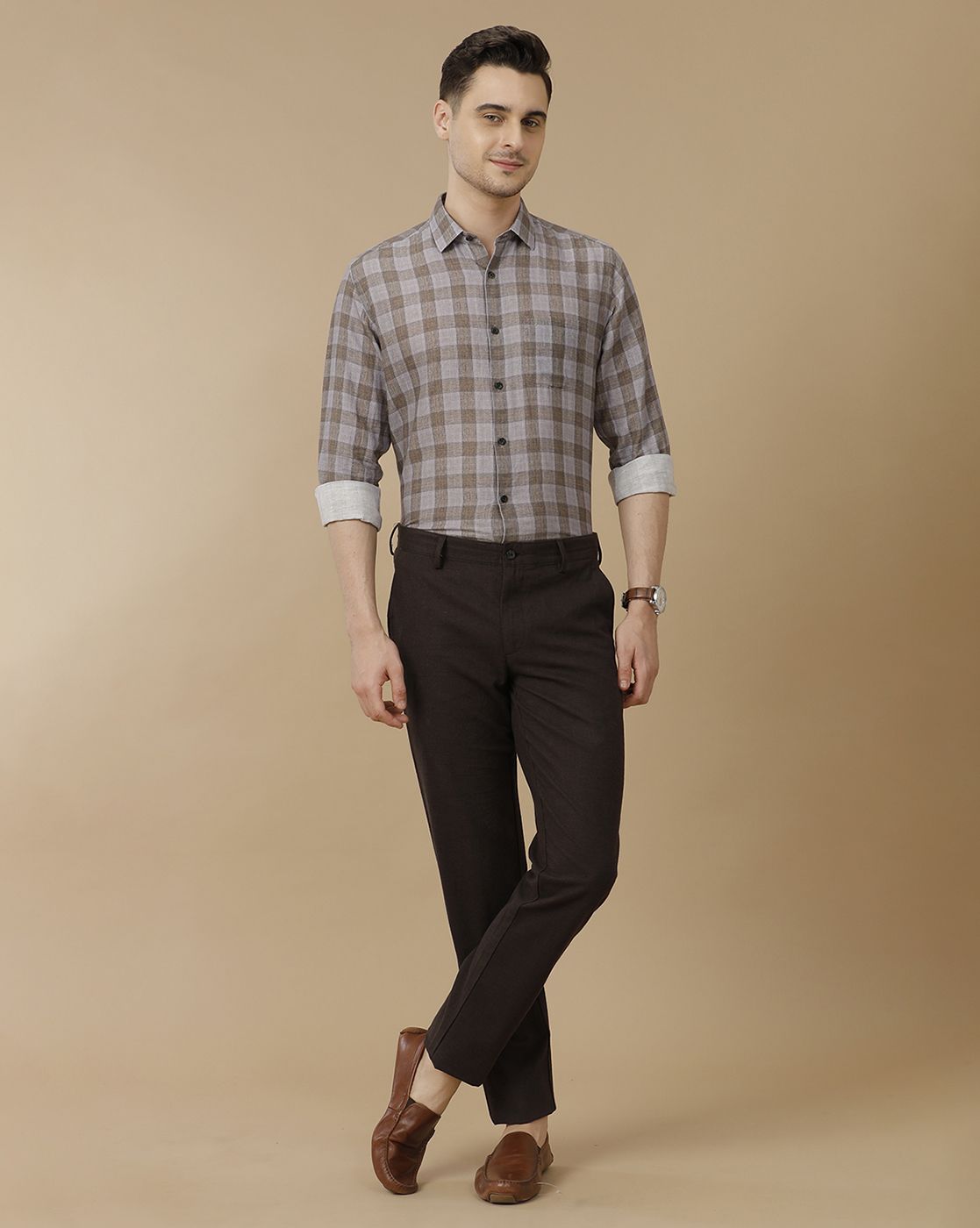 Men's Linen Rich Blue Checked Contemporary Fit Full Sleeve Casual Shirt