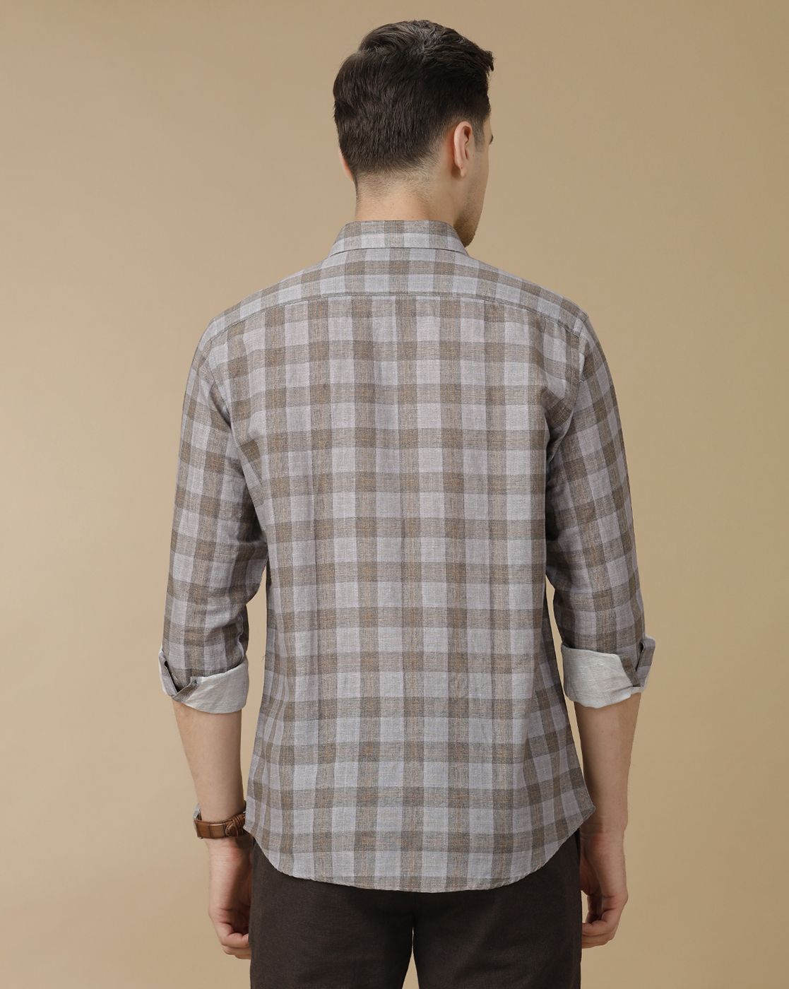 Men's Linen Rich Blue Checked Contemporary Fit Full Sleeve Casual Shirt