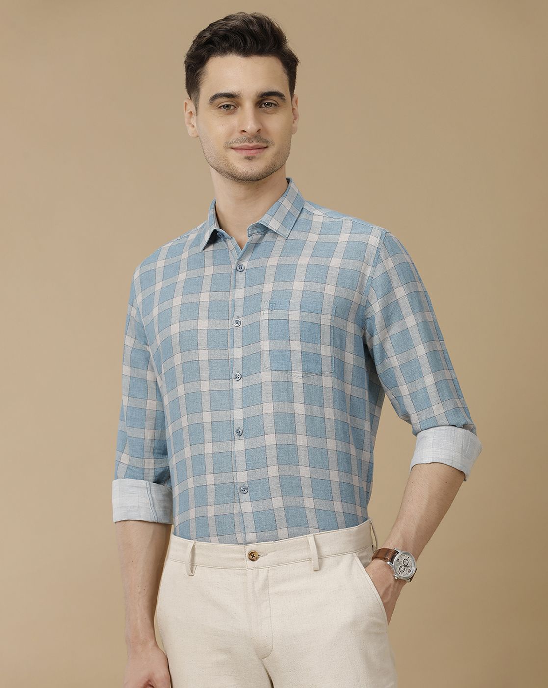 Men's Linen Rich Blue Checked Contemporary Fit Full Sleeve Casual Shirt