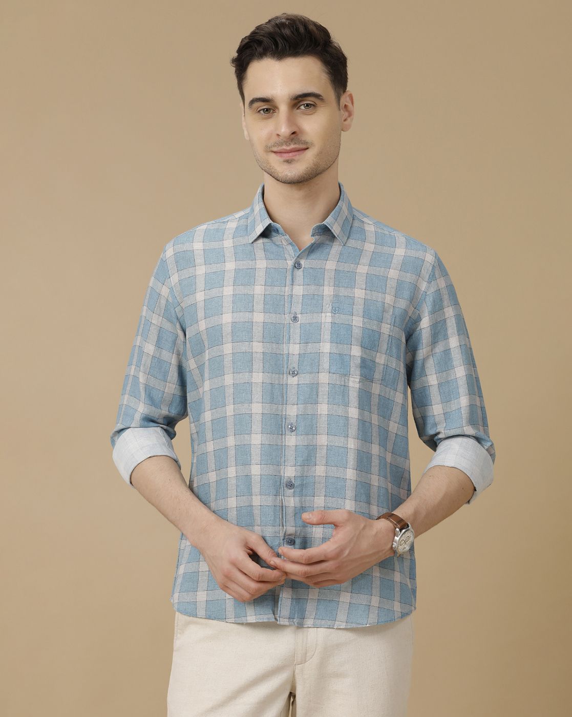 Men's Linen Rich Blue Checked Contemporary Fit Full Sleeve Casual Shirt