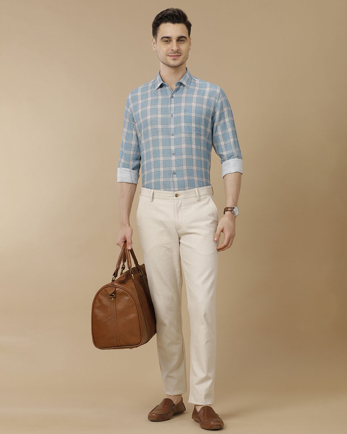 Men's Linen Rich Blue Checked Contemporary Fit Full Sleeve Casual Shirt