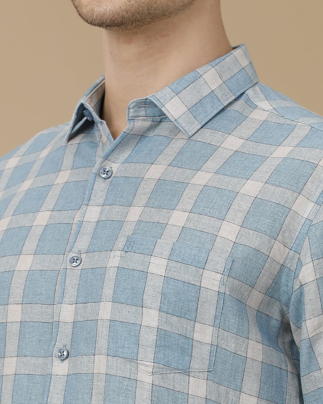 Men's Linen Rich Blue Checked Contemporary Fit Full Sleeve Casual Shirt