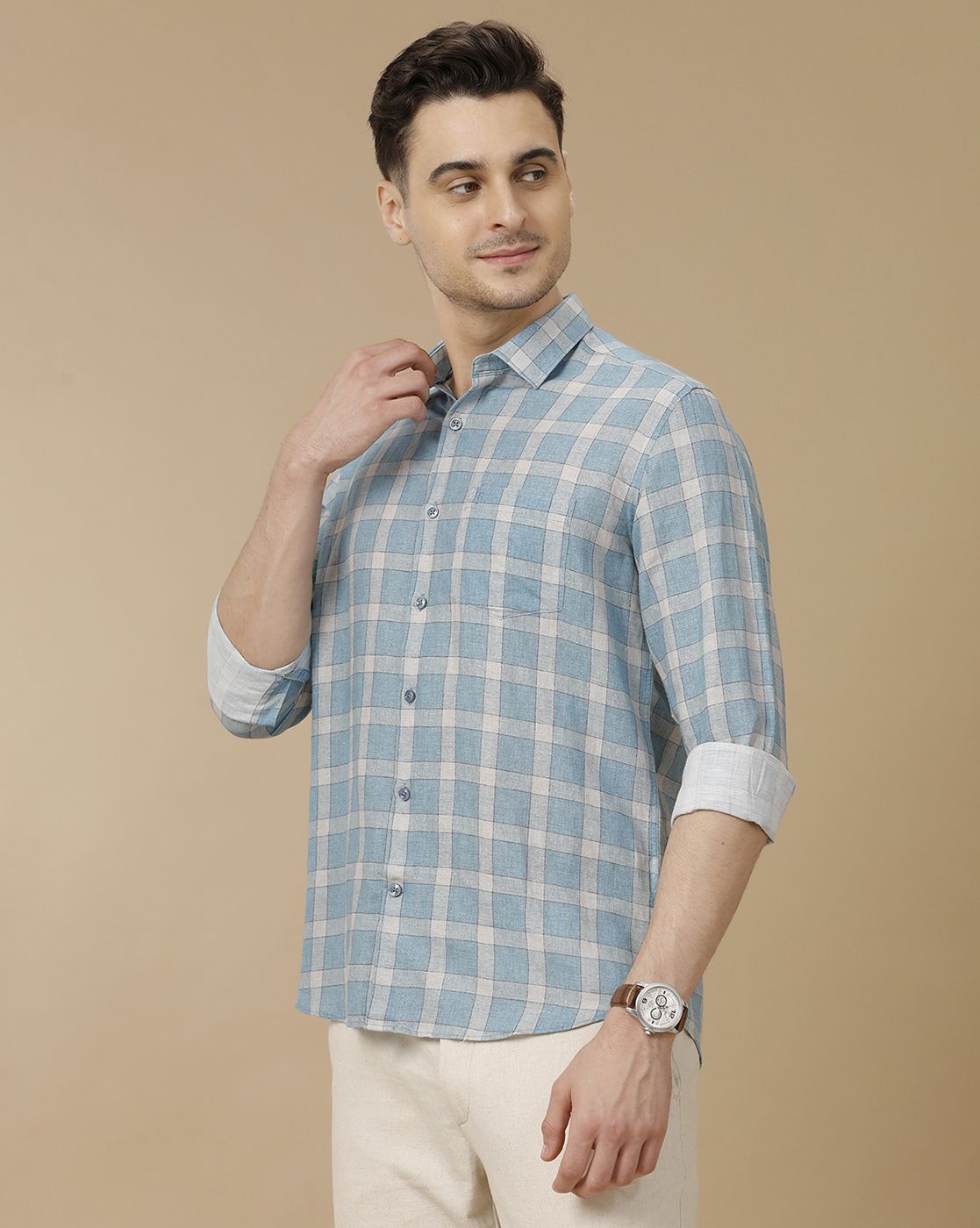Men's Linen Rich Blue Checked Contemporary Fit Full Sleeve Casual Shirt