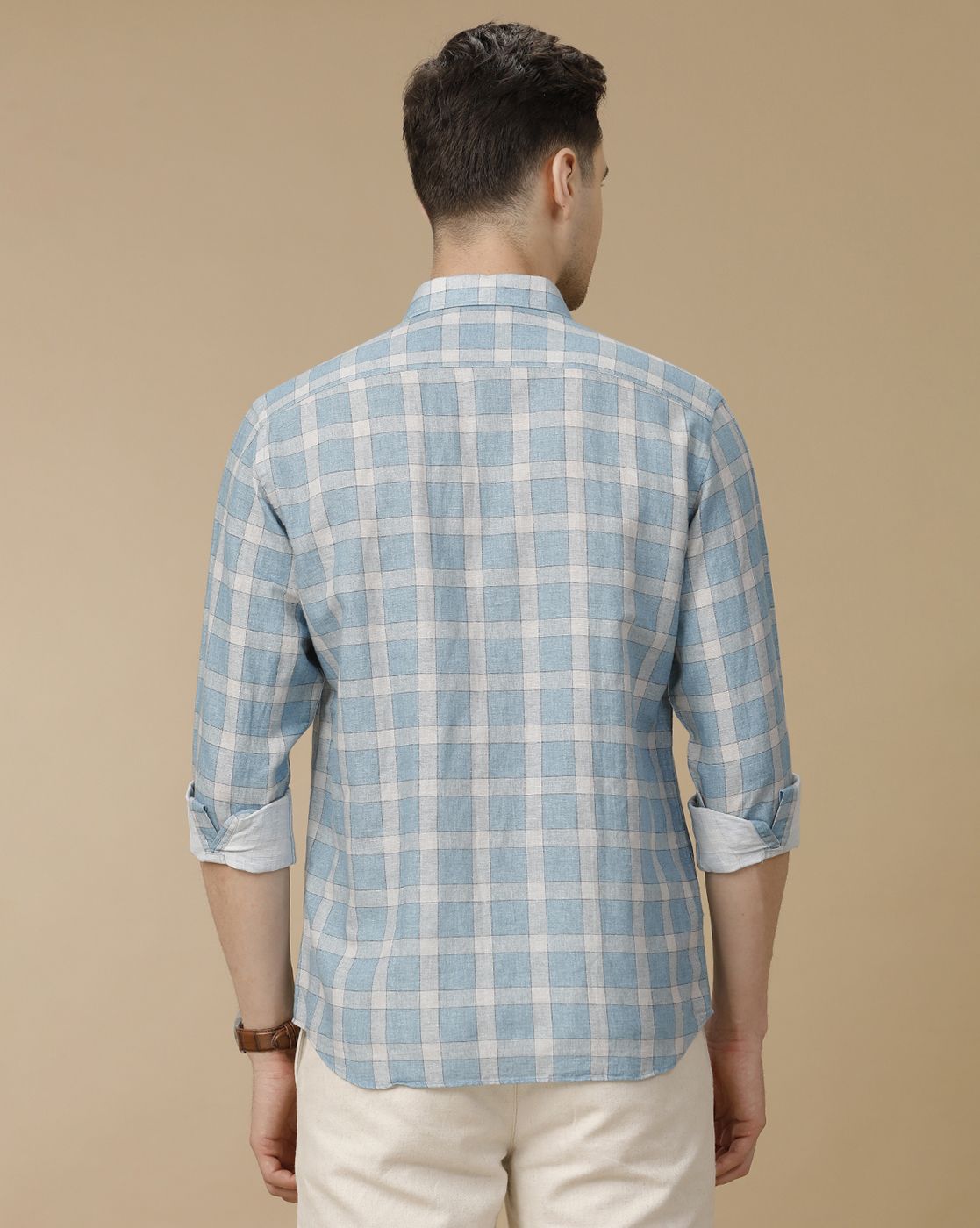 Men's Linen Rich Blue Checked Contemporary Fit Full Sleeve Casual Shirt