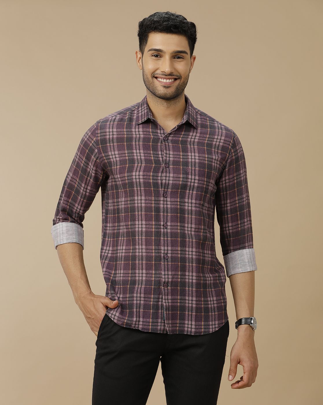 Men's Linen Rich Purple Checked Contemporary Fit Full Sleeve Casual Shirt