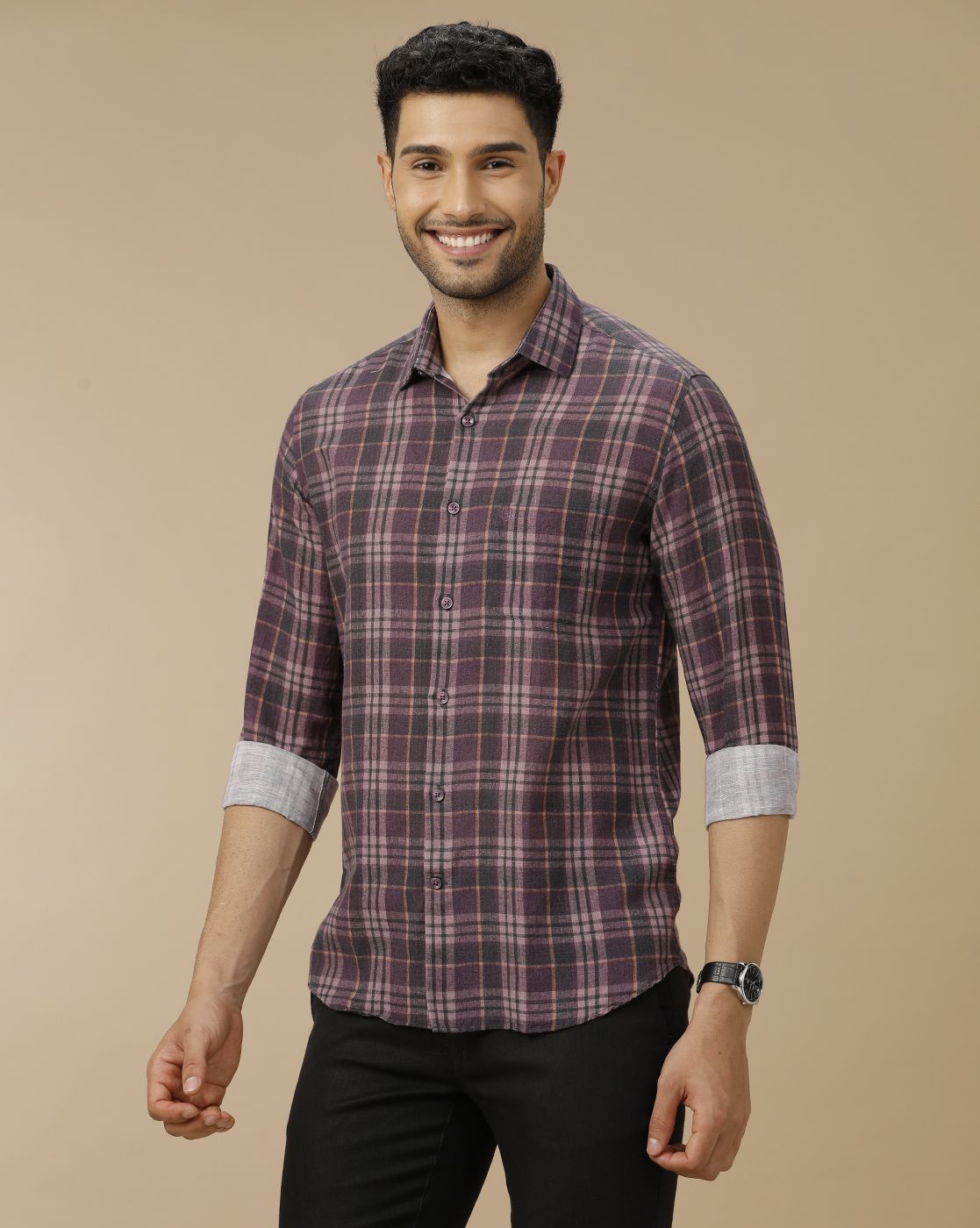 Men's Linen Rich Purple Checked Contemporary Fit Full Sleeve Casual Shirt