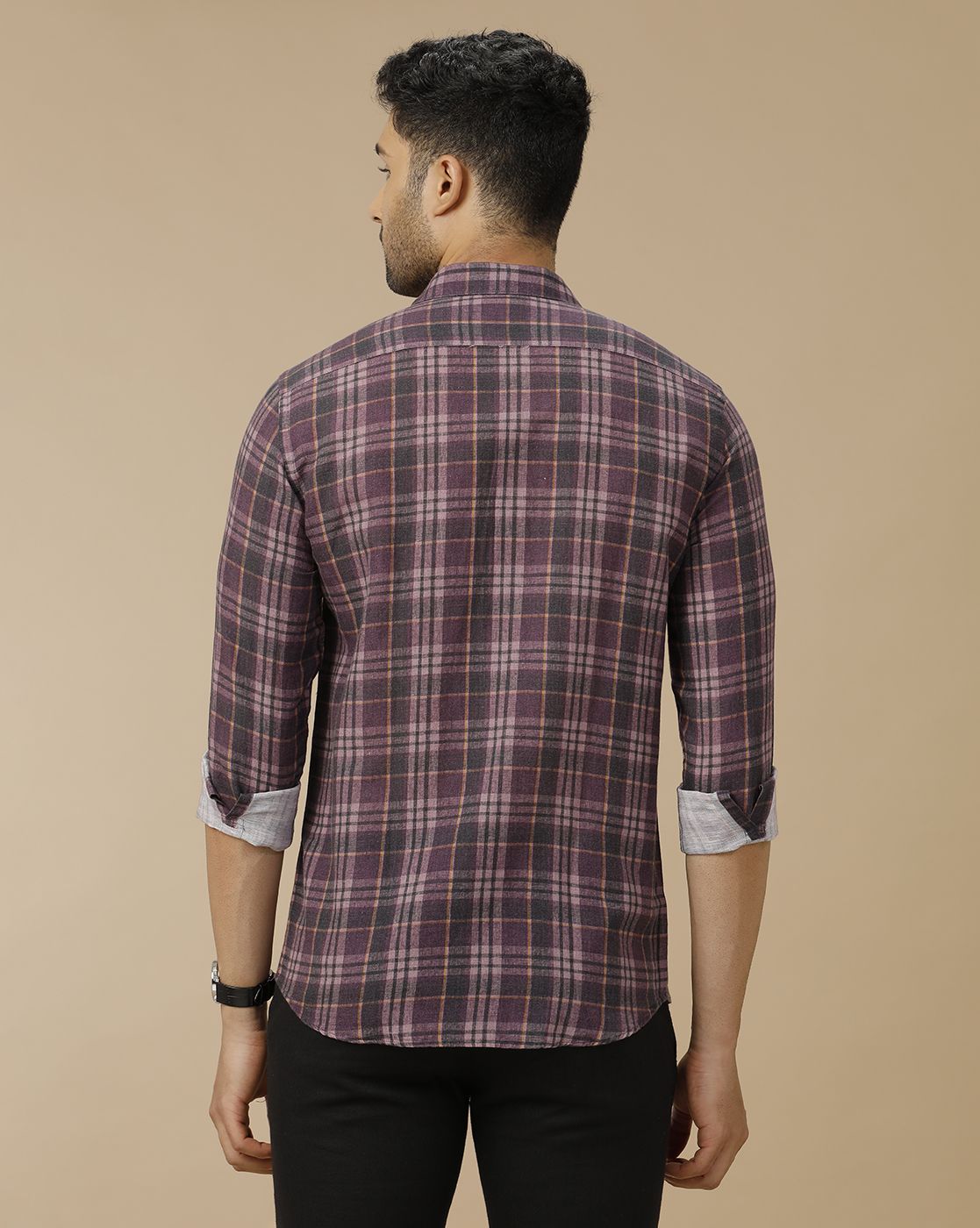 Men's Linen Rich Purple Checked Contemporary Fit Full Sleeve Casual Shirt