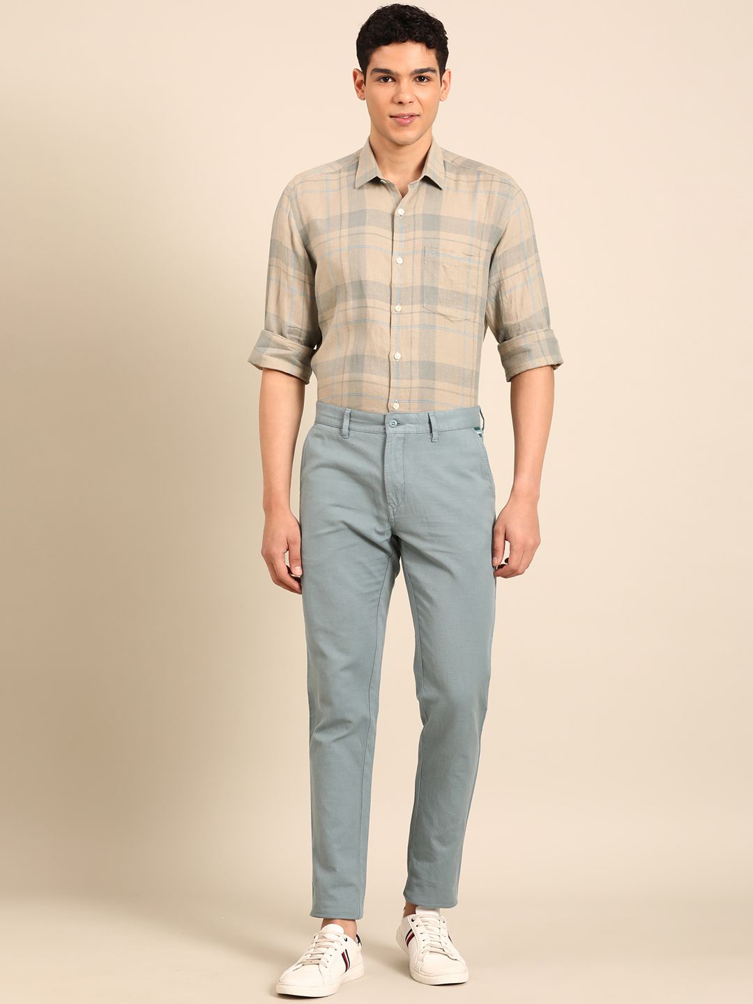 Linen Club Men's Pure Linen Natural Checkered Contemporary Fit Full Sleeve Casual Shirt