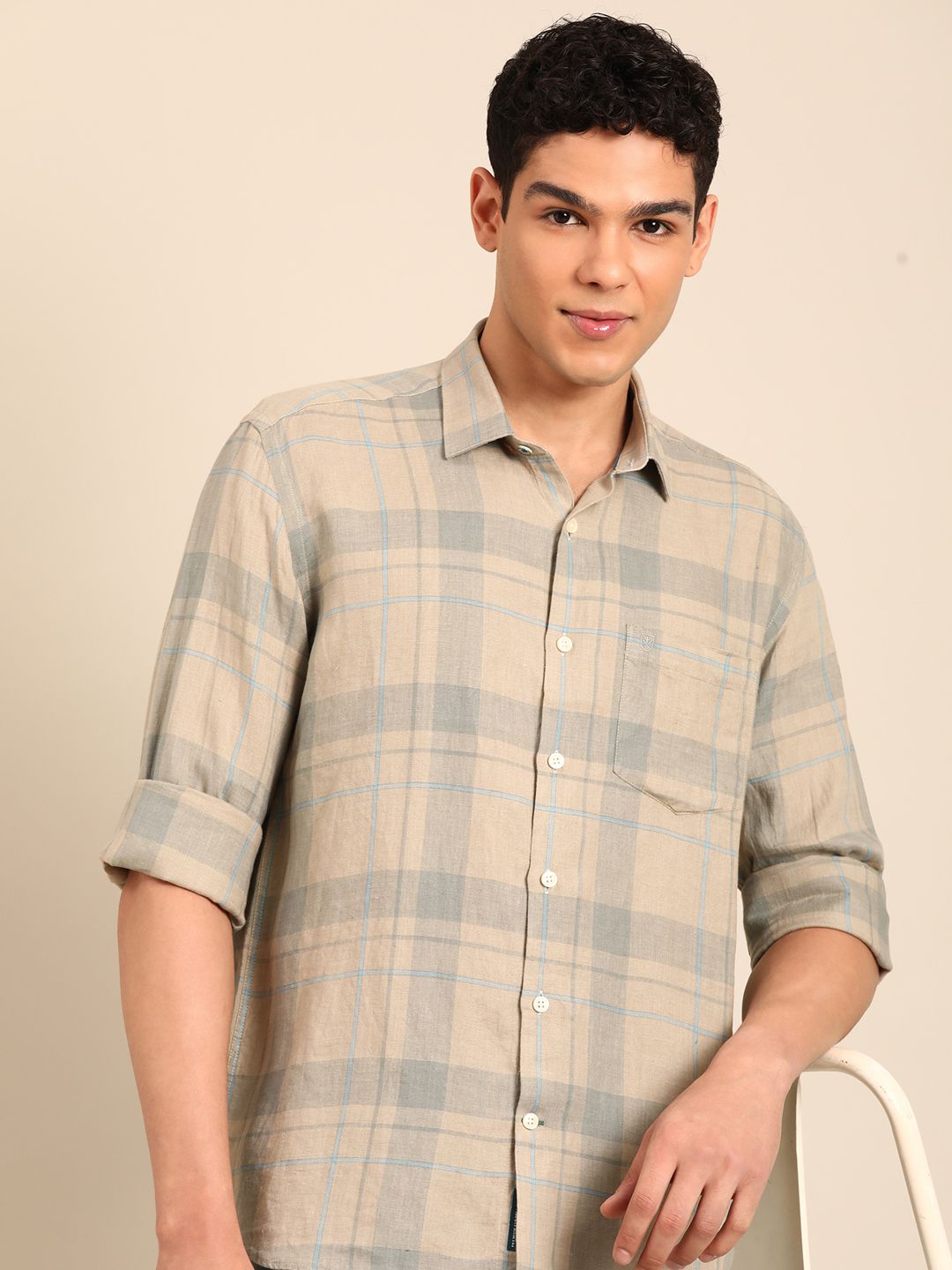 Linen Club Men's Pure Linen Natural Checkered Contemporary Fit Full Sleeve Casual Shirt