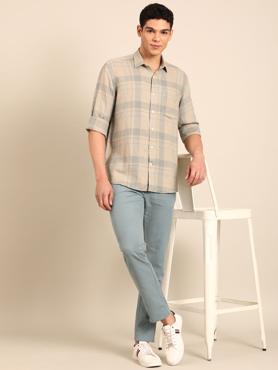 Linen Club Men's Pure Linen Natural Checkered Contemporary Fit Full Sleeve Casual Shirt