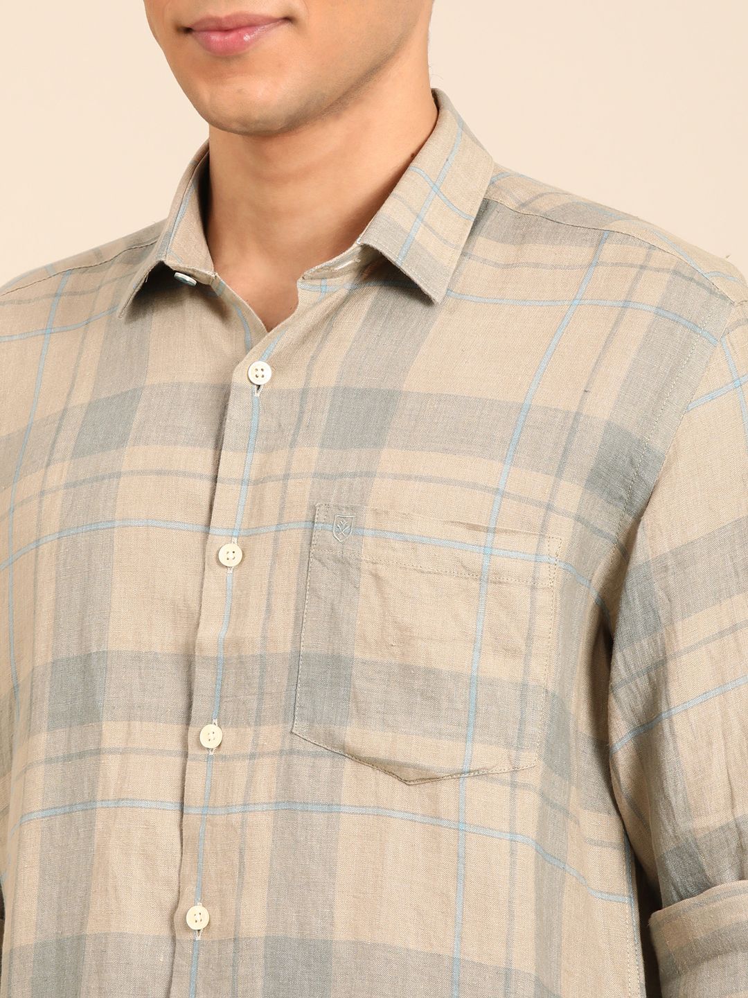 Linen Club Men's Pure Linen Natural Checkered Contemporary Fit Full Sleeve Casual Shirt
