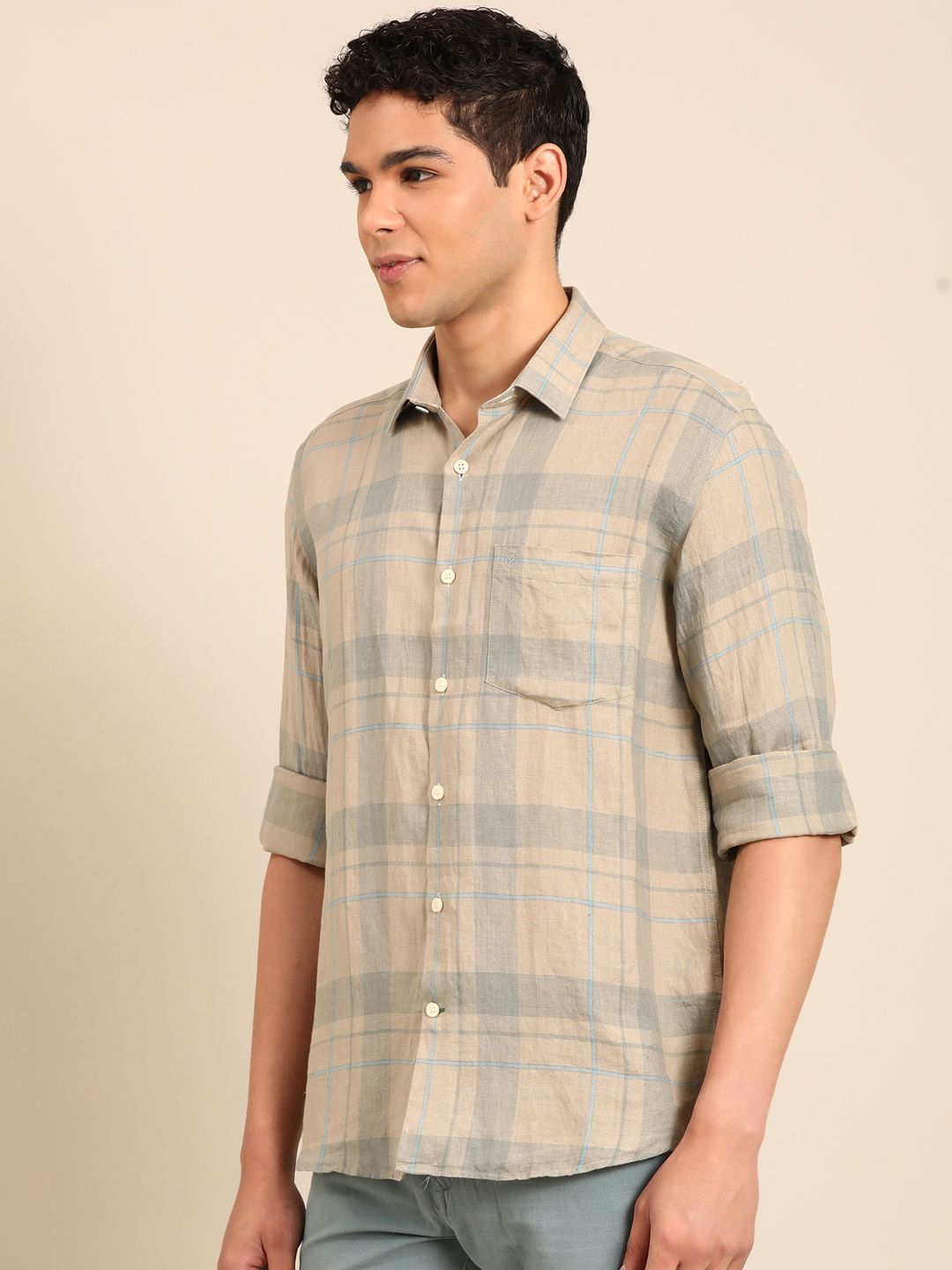Linen Club Men's Pure Linen Natural Checkered Contemporary Fit Full Sleeve Casual Shirt