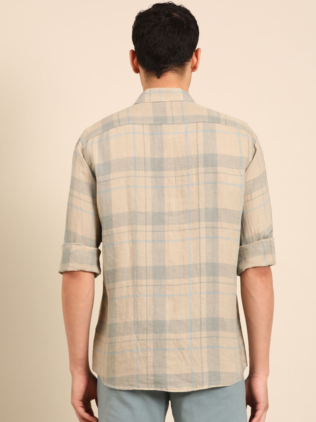 Linen Club Men's Pure Linen Natural Checkered Contemporary Fit Full Sleeve Casual Shirt