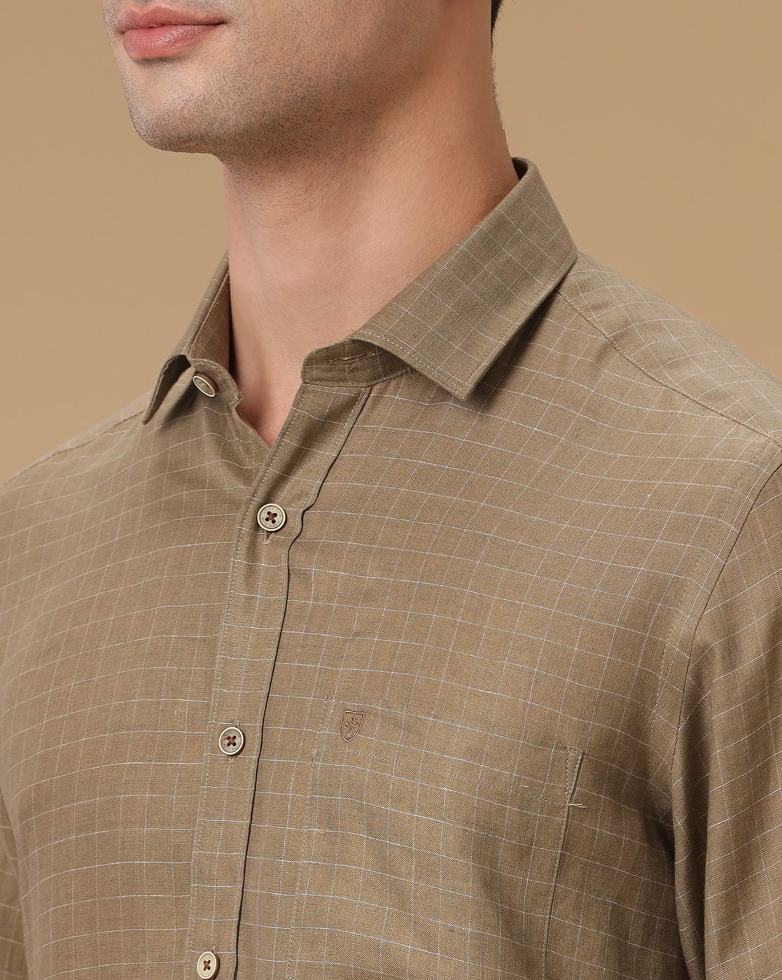 Men's Pure Linen Brown Checked Contemporary Fit Full Sleeve Casual Shirt
