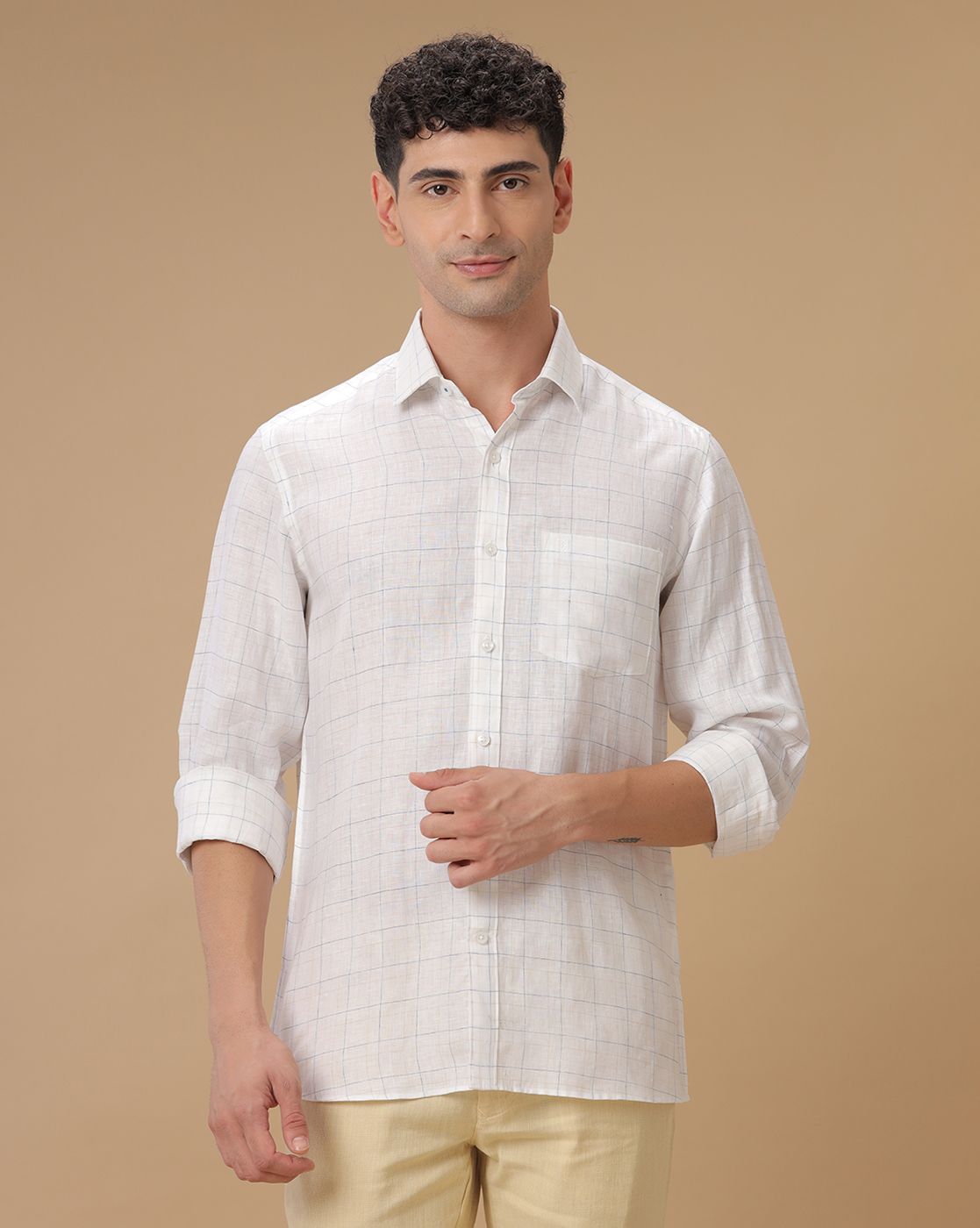 Men's Pure Linen White Checked Contemporary Fit Full Sleeve Casual Shirt
