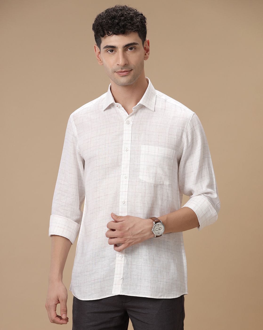 Men's Pure Linen White Checked Contemporary Fit Full Sleeve Casual Shirt