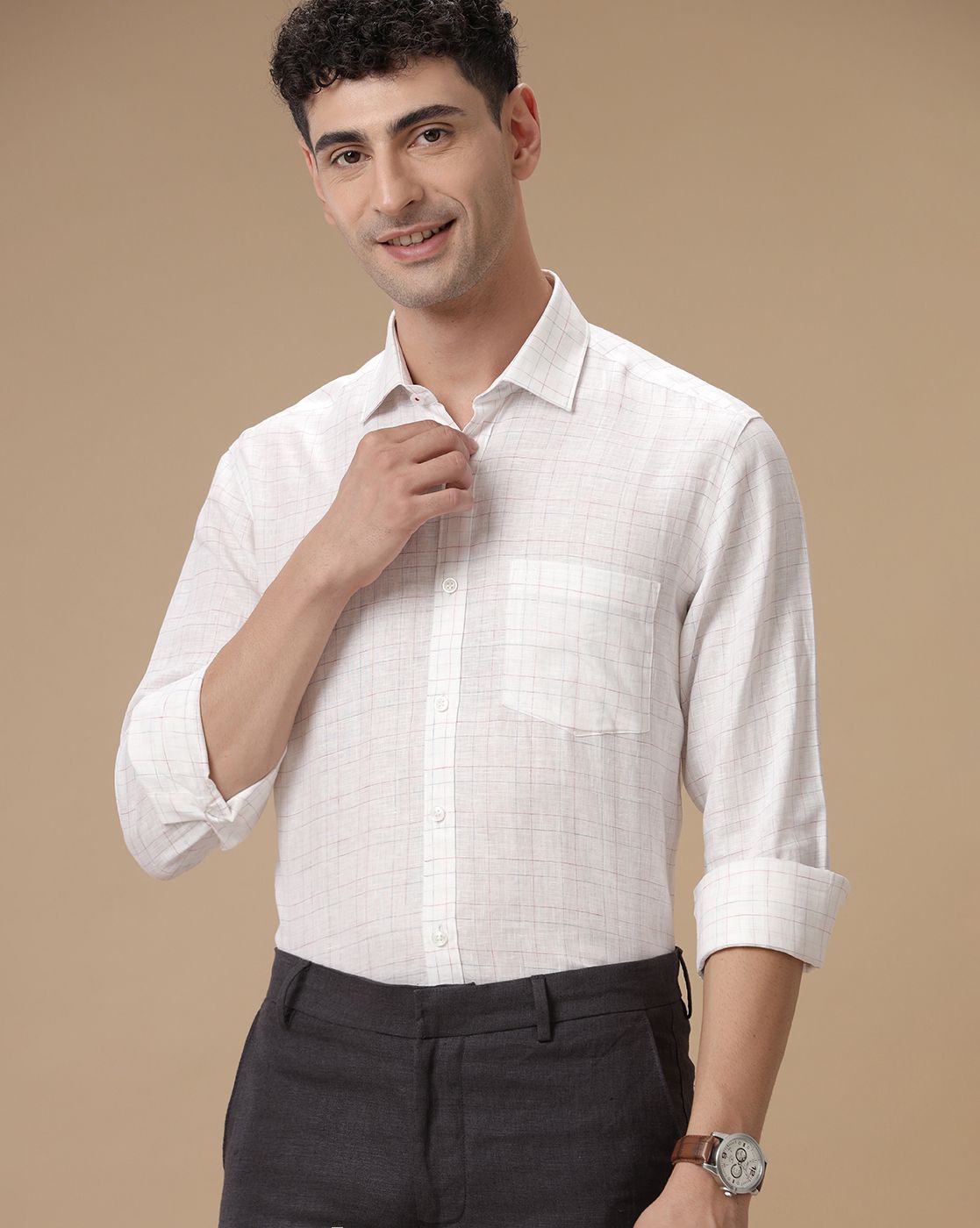 Men's Pure Linen White Checked Contemporary Fit Full Sleeve Casual Shirt