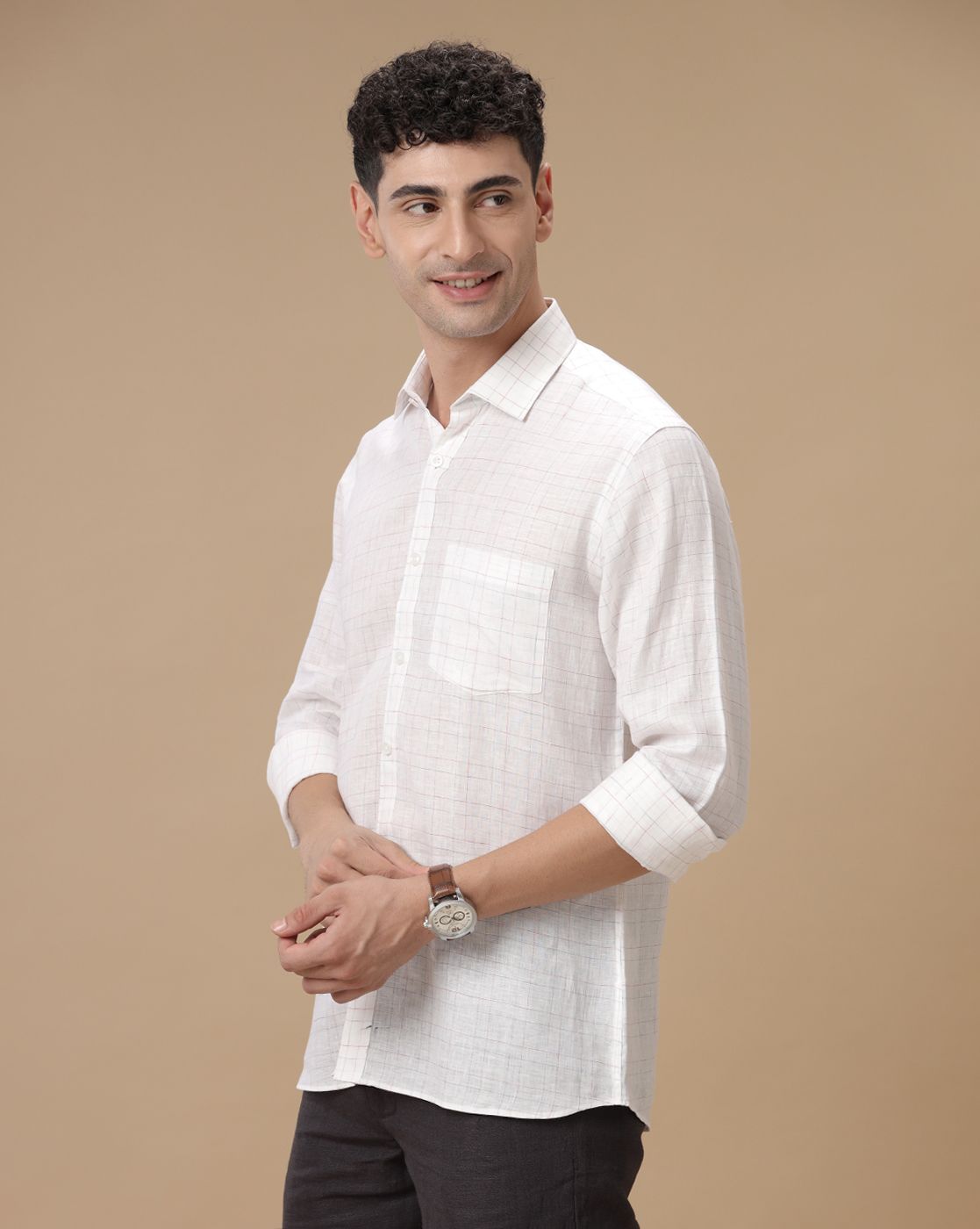 Men's Pure Linen White Checked Contemporary Fit Full Sleeve Casual Shirt