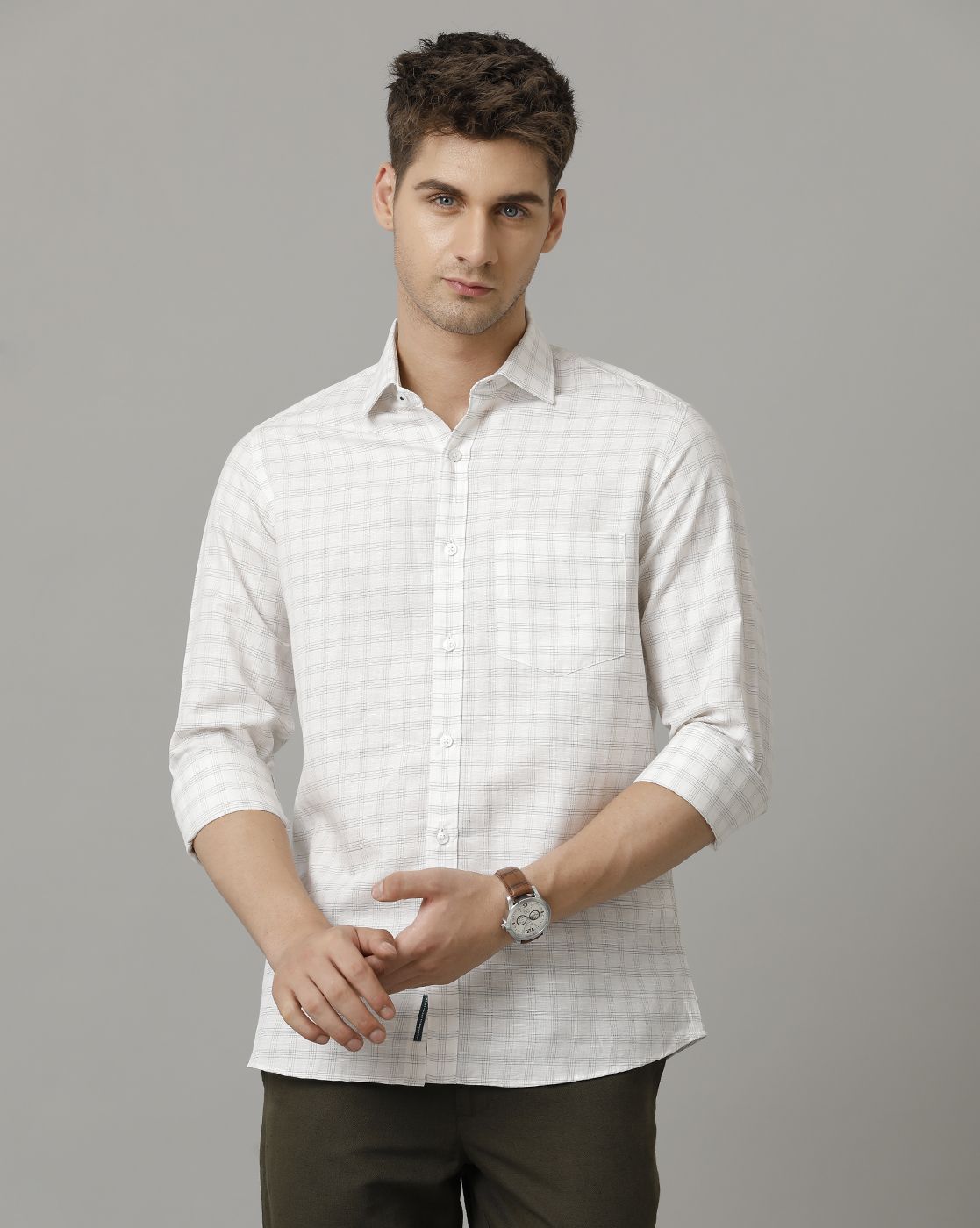 Men's Pure Linen Grey Checked Contemporary Fit Full Sleeve Sleeve Casual Shirt